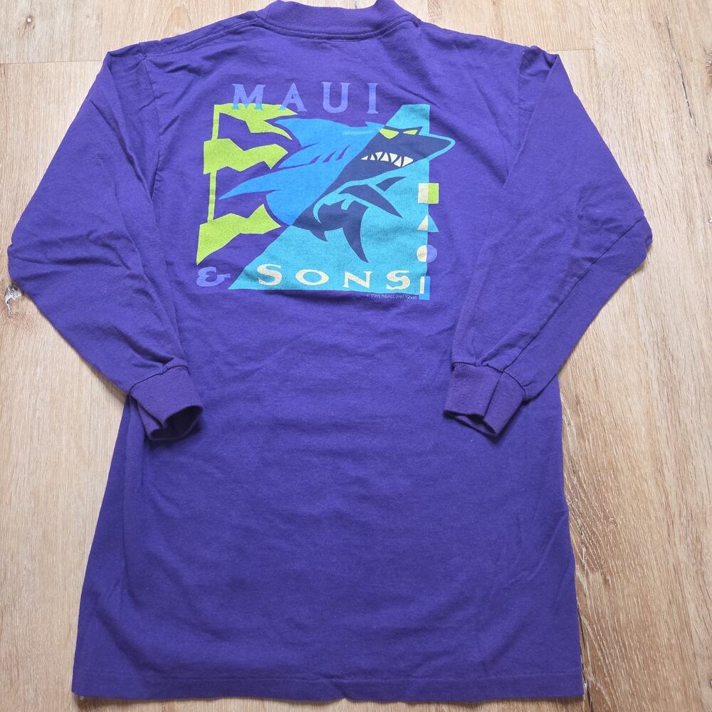 Vintage 1991 Maui & Sons Sharkman Long Sleeve Shirt Tagged XL Fits S USA 2 Sided